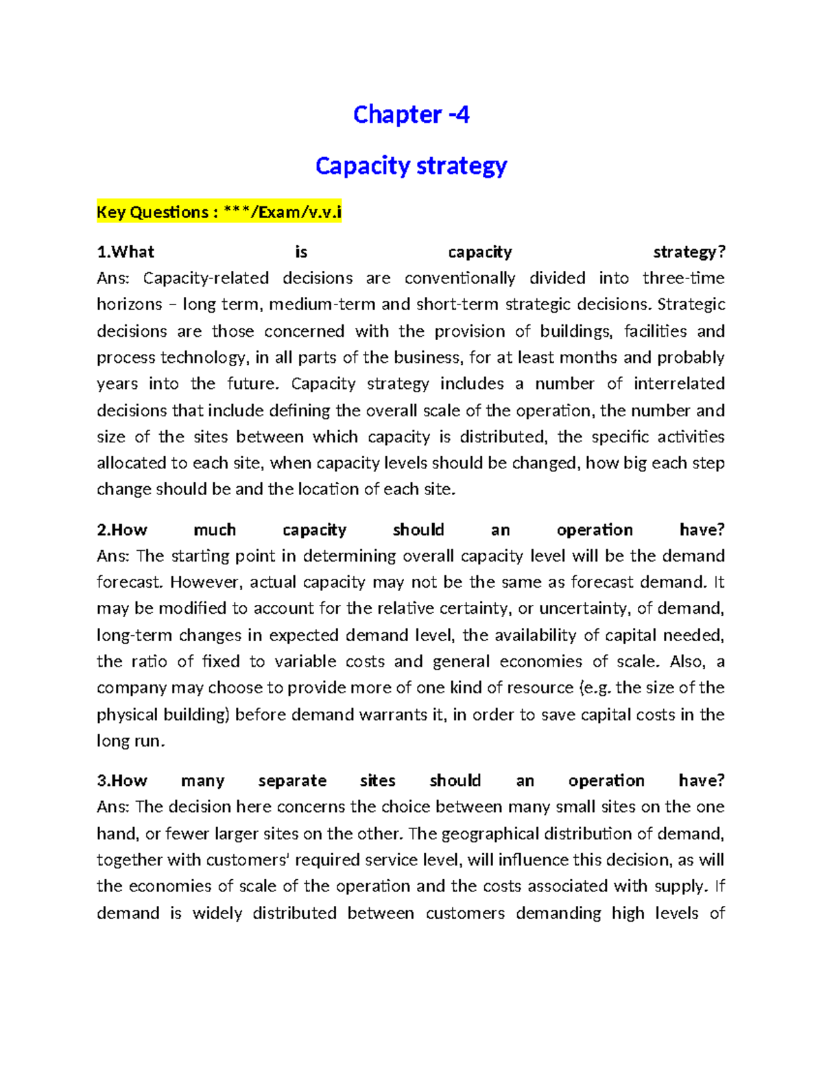 Chapter 4: Key Questions on Capacity Strategy in Operations - Studocu