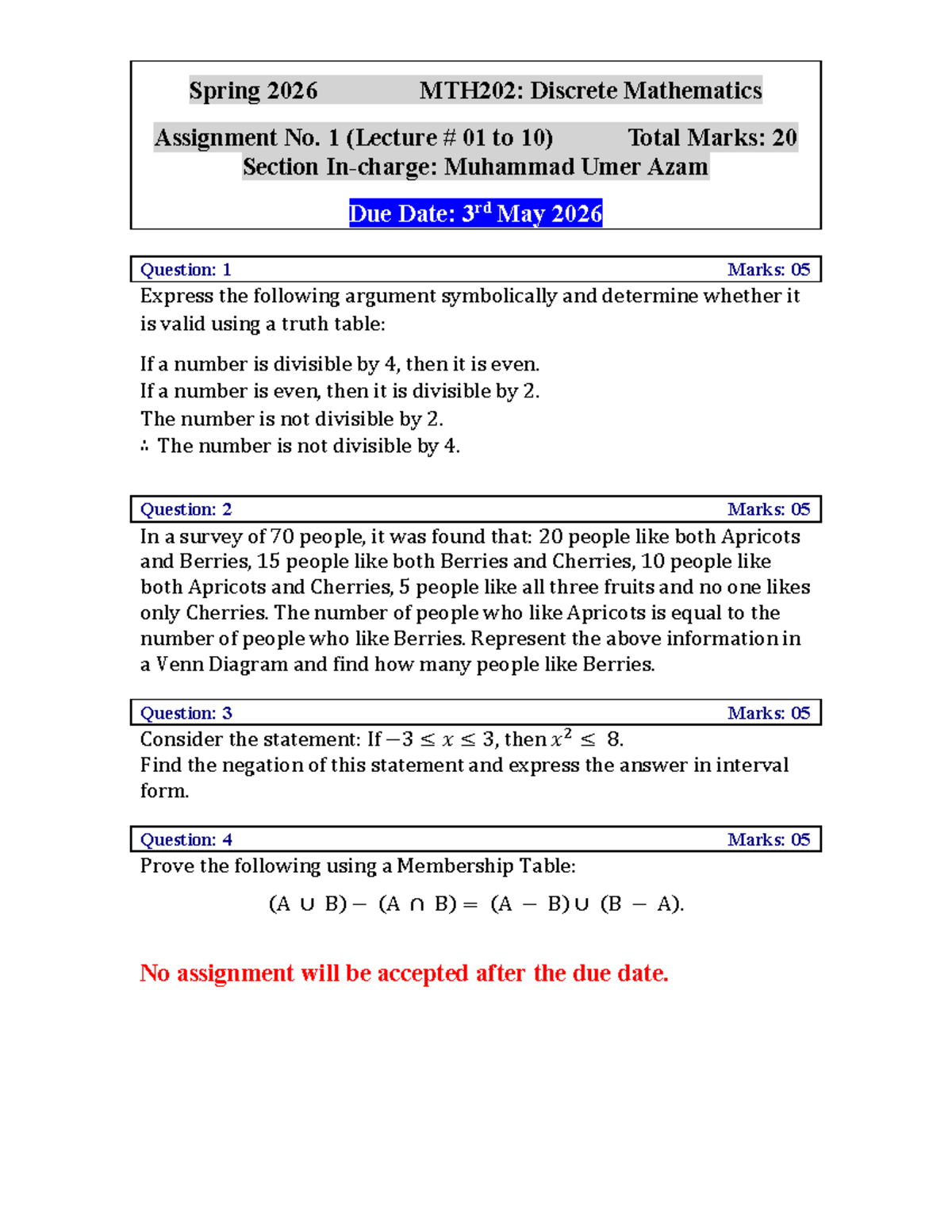 Spring 2026 MTH202: Discrete Mathematics Assignment 1 (Lectures 01-10 ...