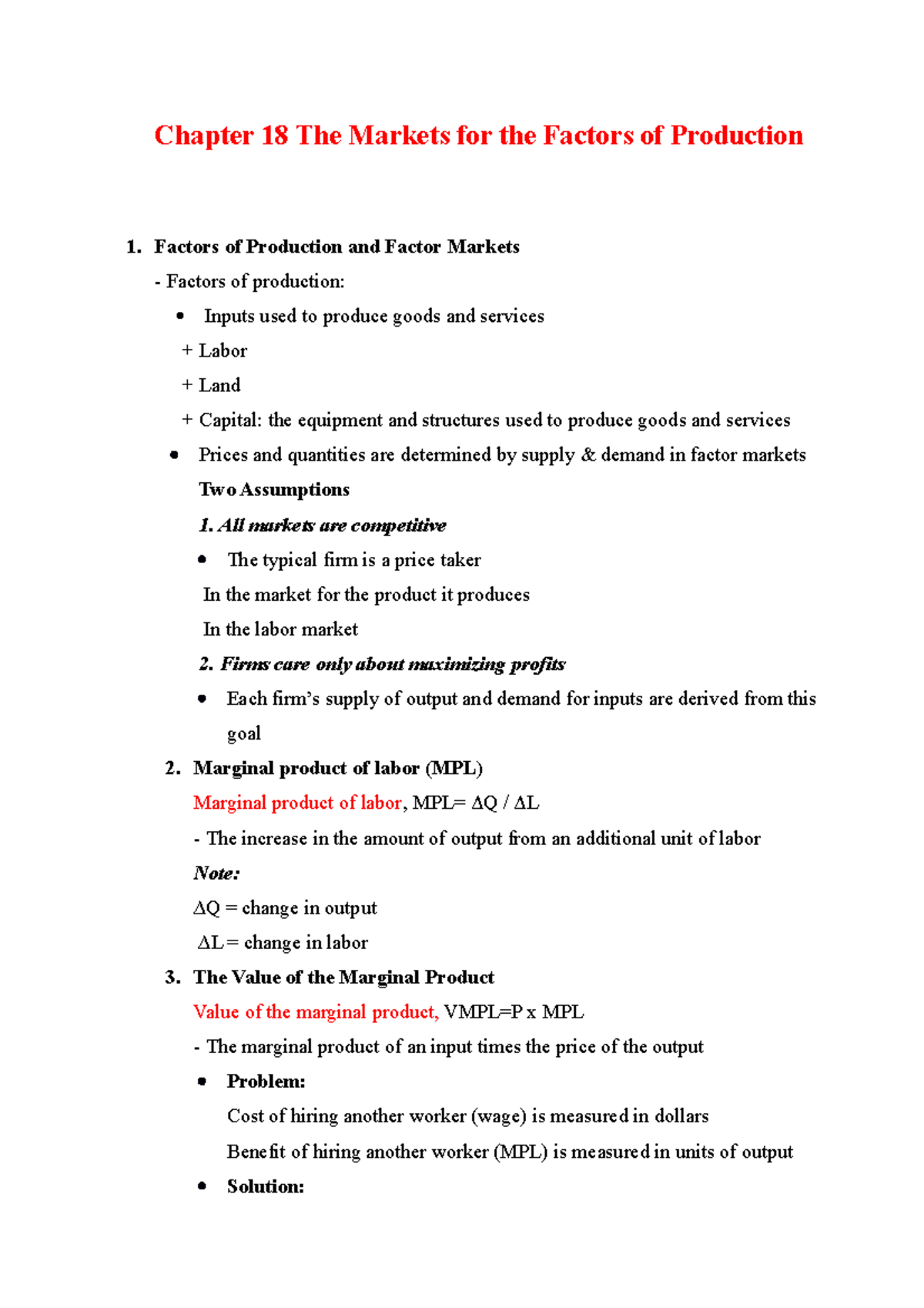 ECO111 - Chapter 18 Notes: The Markets for Factors of Production - Studocu