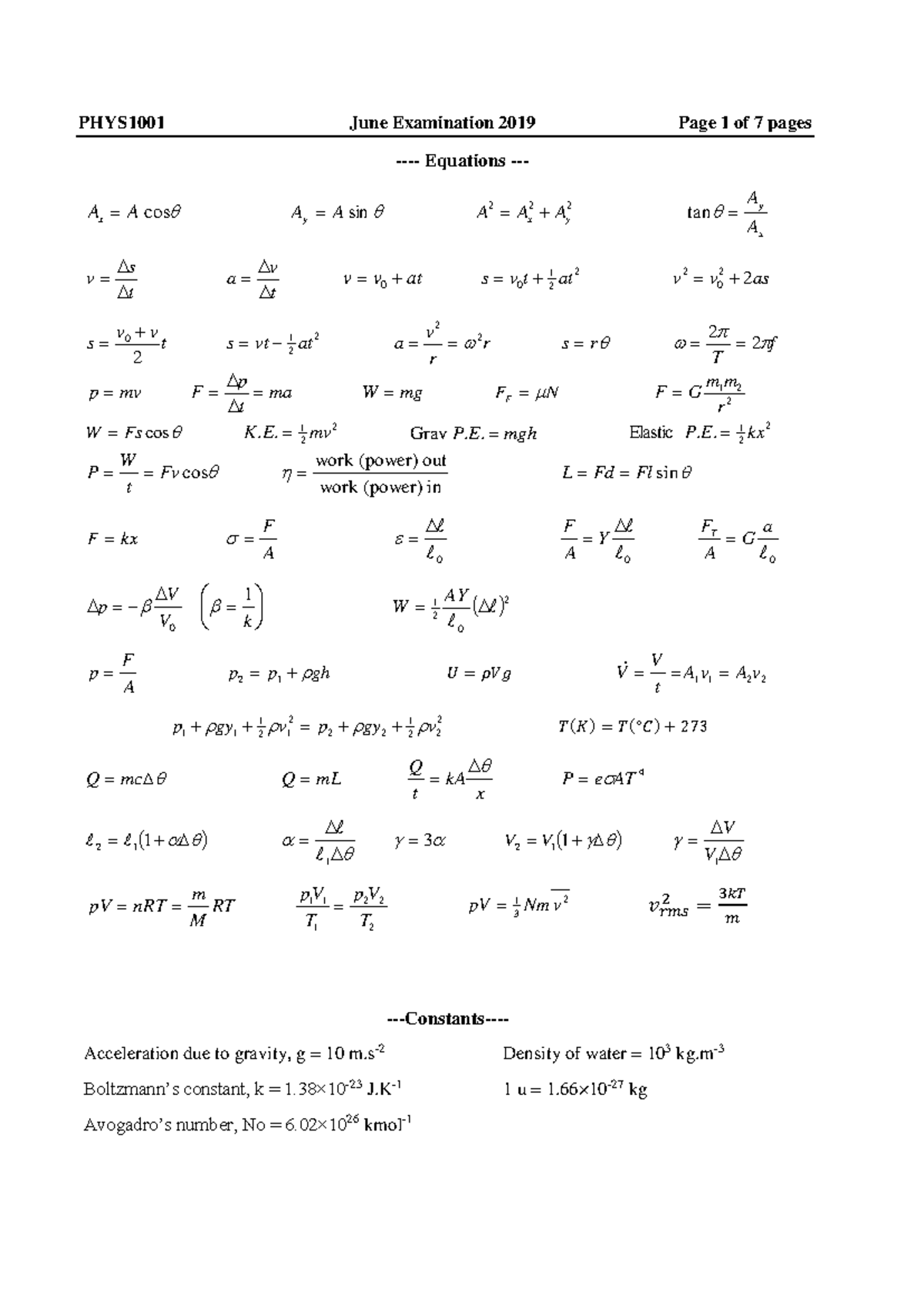 PHYS1001 June 2019 Examination: Comprehensive Equations & Questions ...