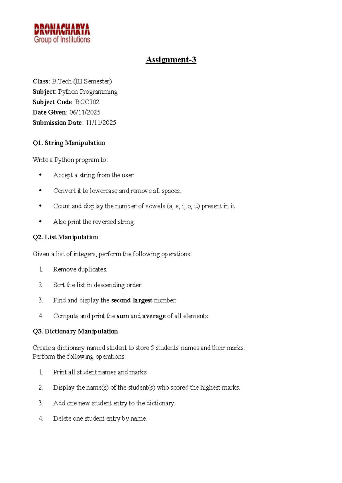 Python Programming Assignment 3 (BCC302) - String, List & Dict ...