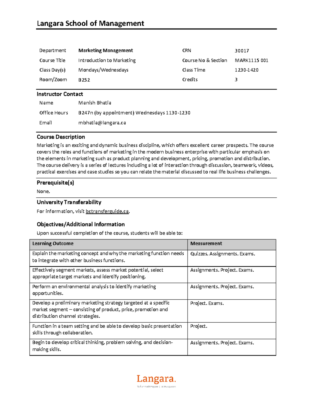 Course Outline - MARK 1115-001: Introduction to Marketing (Fall 2025 ...