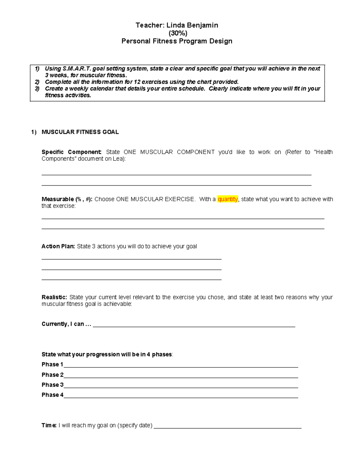 102-Personal Fitness Program Design: S.M.A.R.T. Goals & Exercises - Studocu
