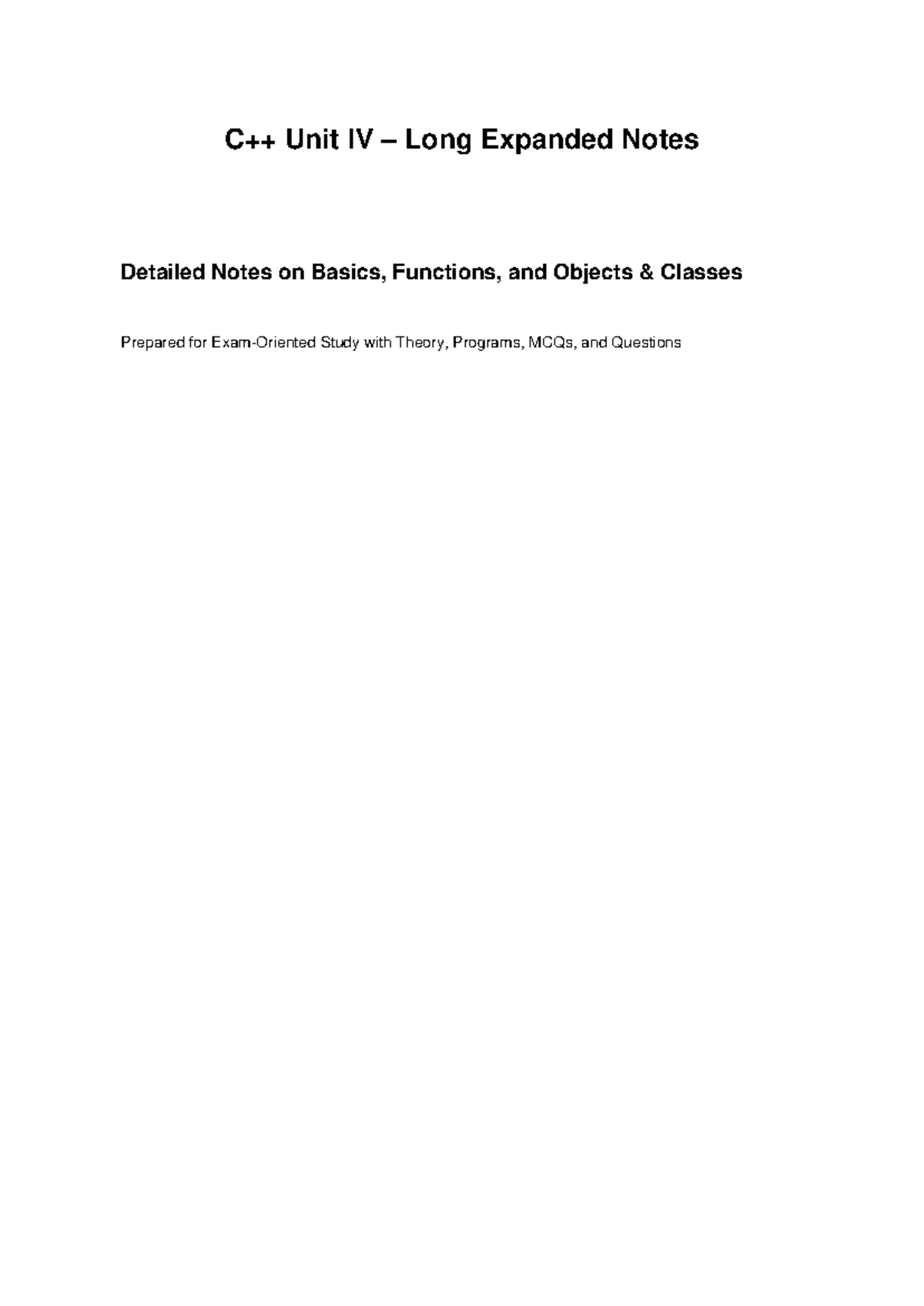 C++ Unit IV: Detailed Notes on OOP Basics, Functions & Classes - Studocu