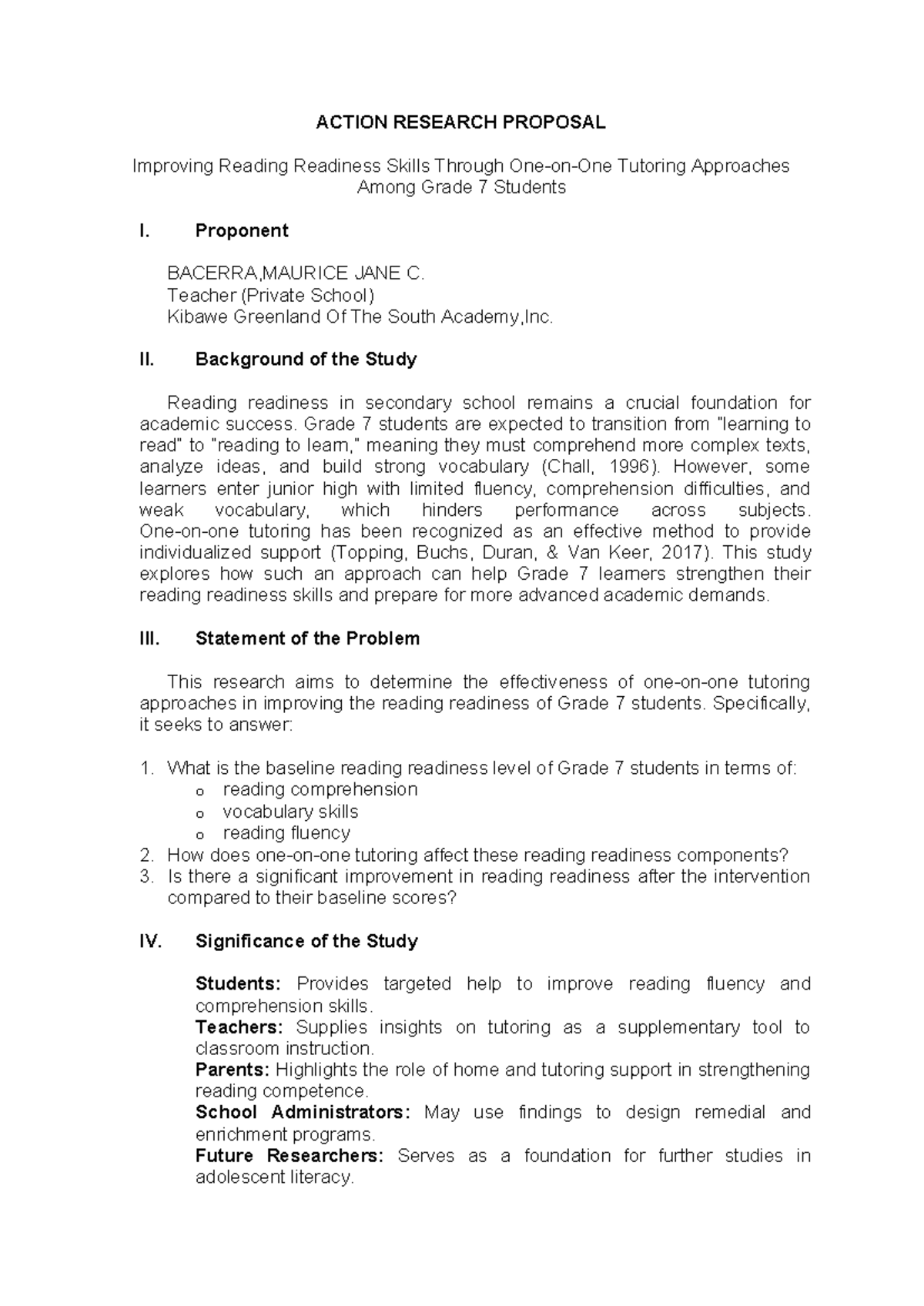 Action Research Proposal: Enhancing Reading Readiness in Grade 7 ...