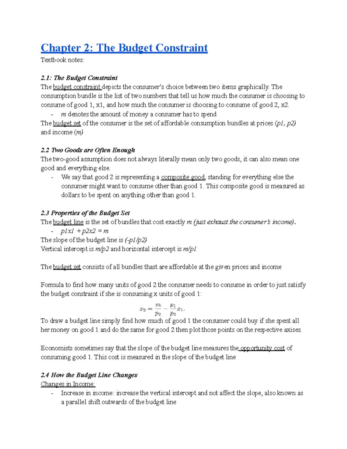 Microeconomic Theory: Chapter 2 - Budget Constraint Notes - Studocu