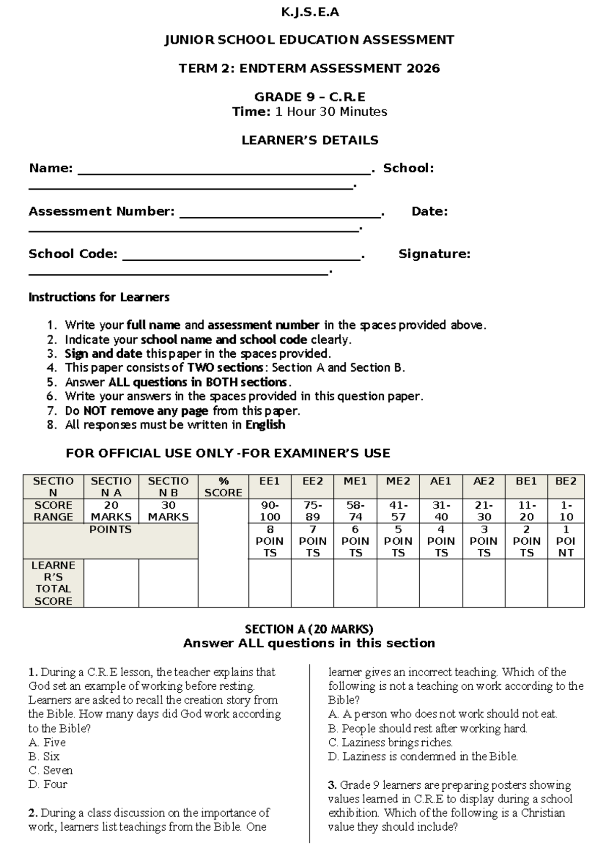 2026 Grade 9 C.R.E. End Term Assessment - K.J.S.E.A Junior School - Studocu