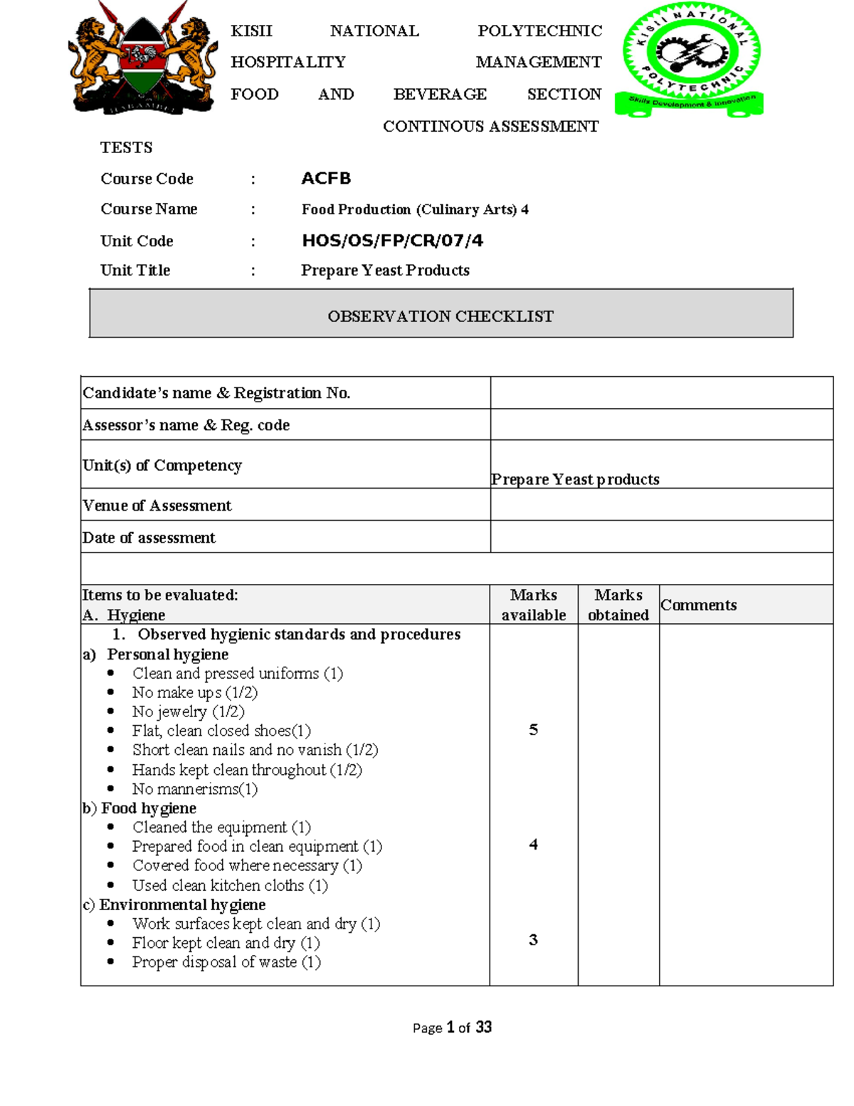 Observation Checklist for ACFB Level 4 Culinary Assessments - Studocu