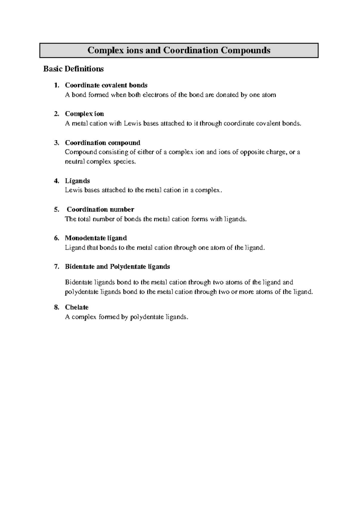 Coordination Compounds: Key Definitions and Concepts - Studocu
