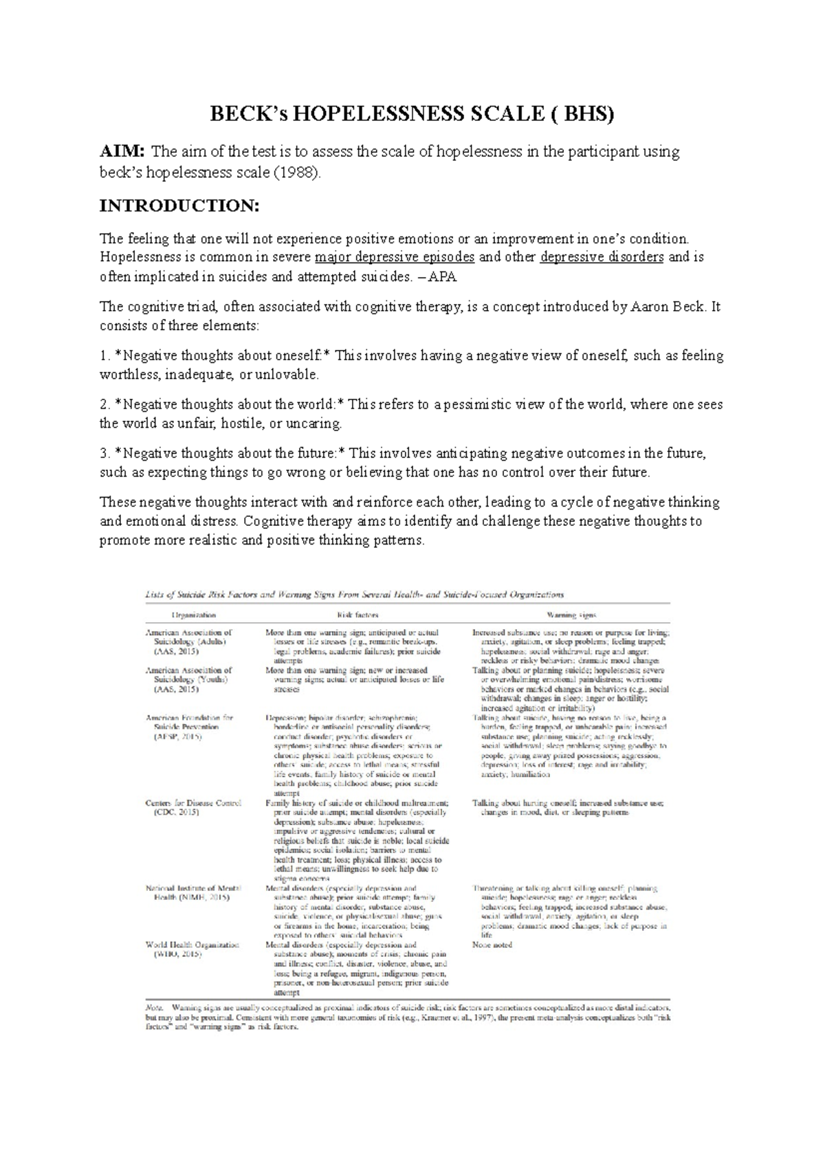 BHS Hopelessness - BHS - BECK’s HOPELESSNESS SCALE ( BHS) AIM: The aim ...