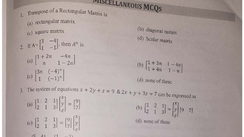 MISCELLANEOUS MCQs for Engineering Mathematics (Course Code: EM101 ...