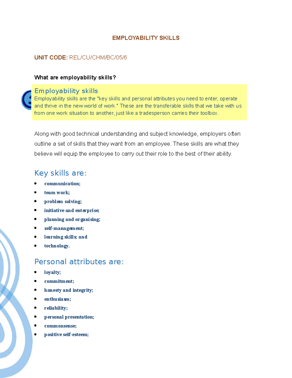 Developing Self-Awareness and Employability Skills (REL/CU/CHM/BC/05 ...
