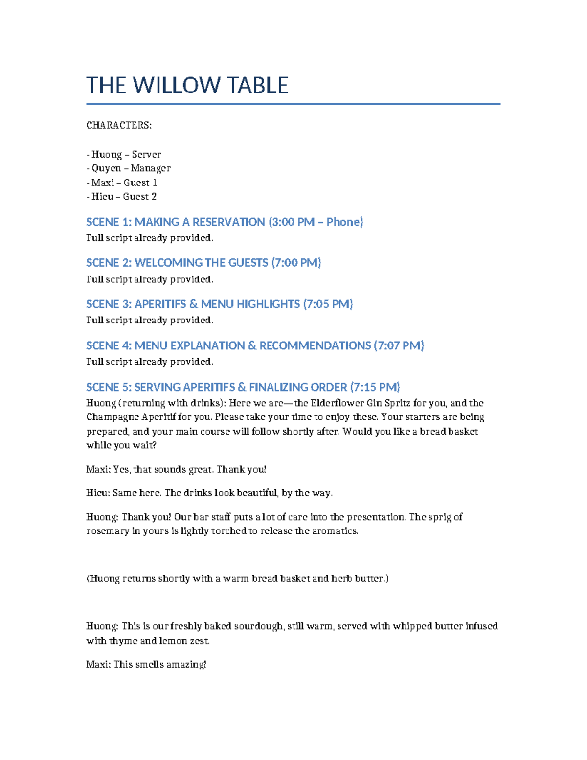 The Willow Table Complete Script - THE WILLOW TABLE CHARACTERS: - Huong ...
