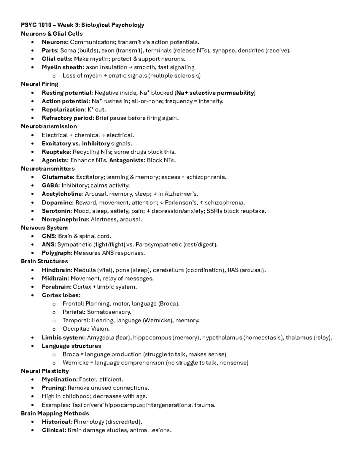 PSYC 1010 Week 3 Study Sheet: Biological Psychology Overview - Studocu