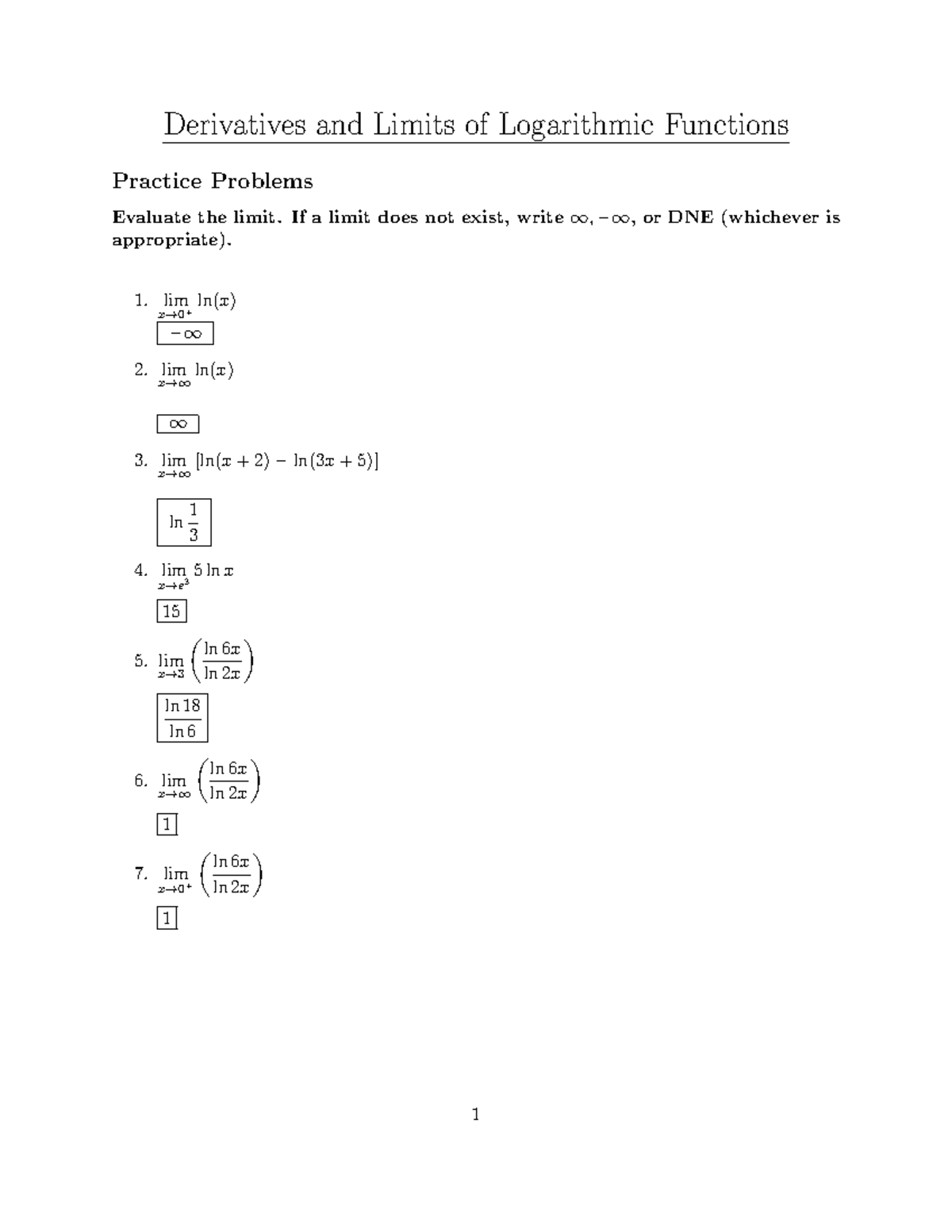 Derivatives and Limits of Logarithmic Functions Practice Problems - Studocu