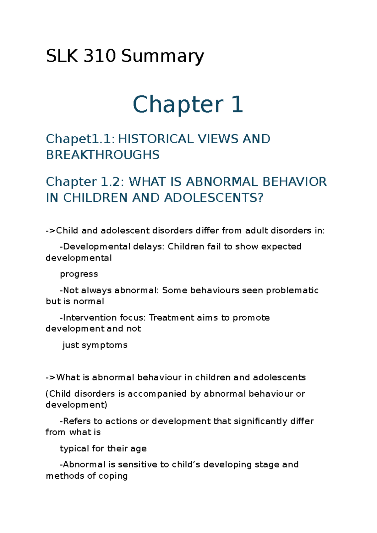 SLK 310 Summary: Child and Adolescent Abnormal Behavior Insights - Studocu