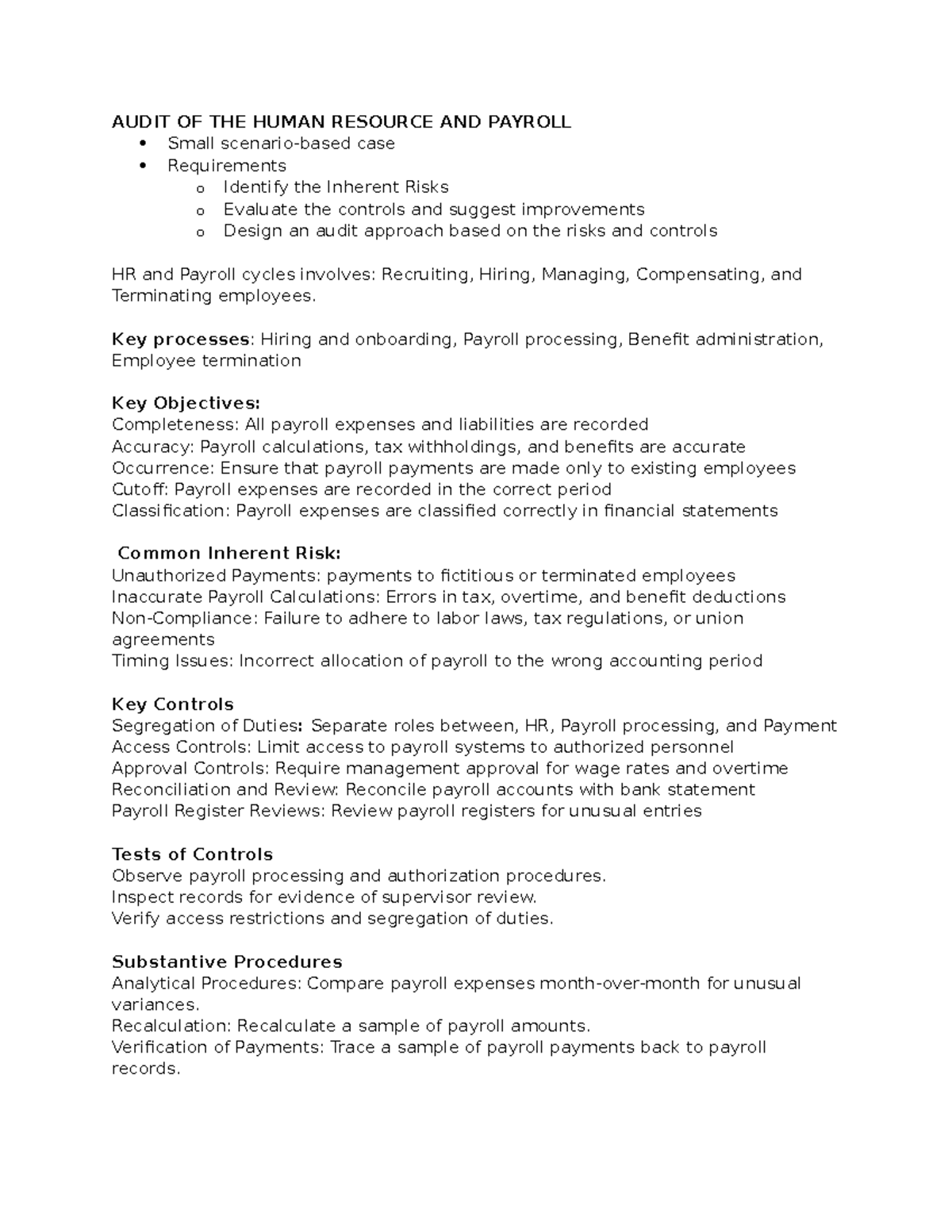 Audit Notes - AUDIT OF THE HUMAN RESOURCE AND PAYROLL Small scenario ...