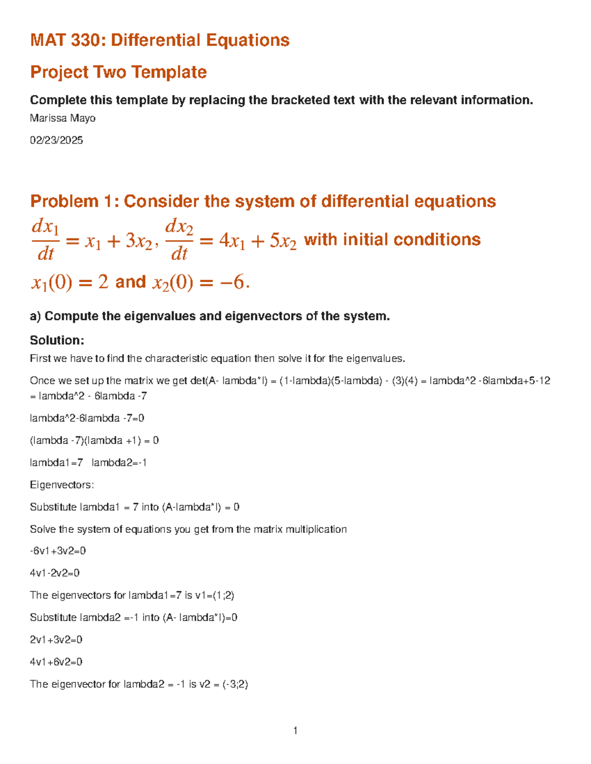 MAT330 Final Project Two Template: Differential Equations Solutions ...