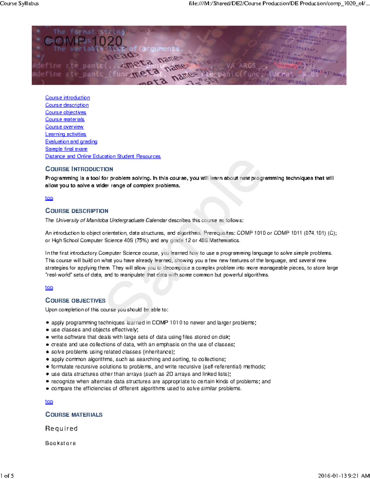 COMP 1020 Course Syllabus and Overview for Object-Oriented Programming ...