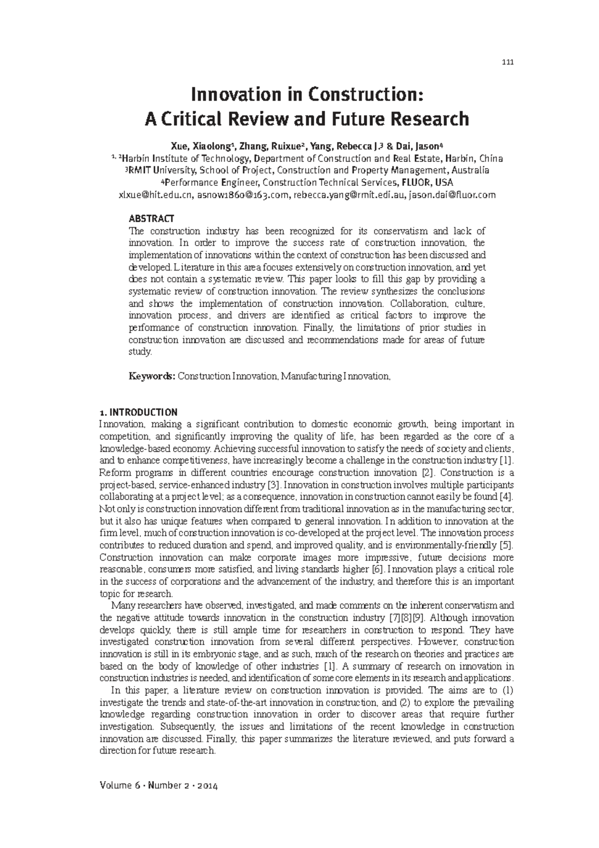Innovation in Construction: A Systematic Review and Future Directions ...