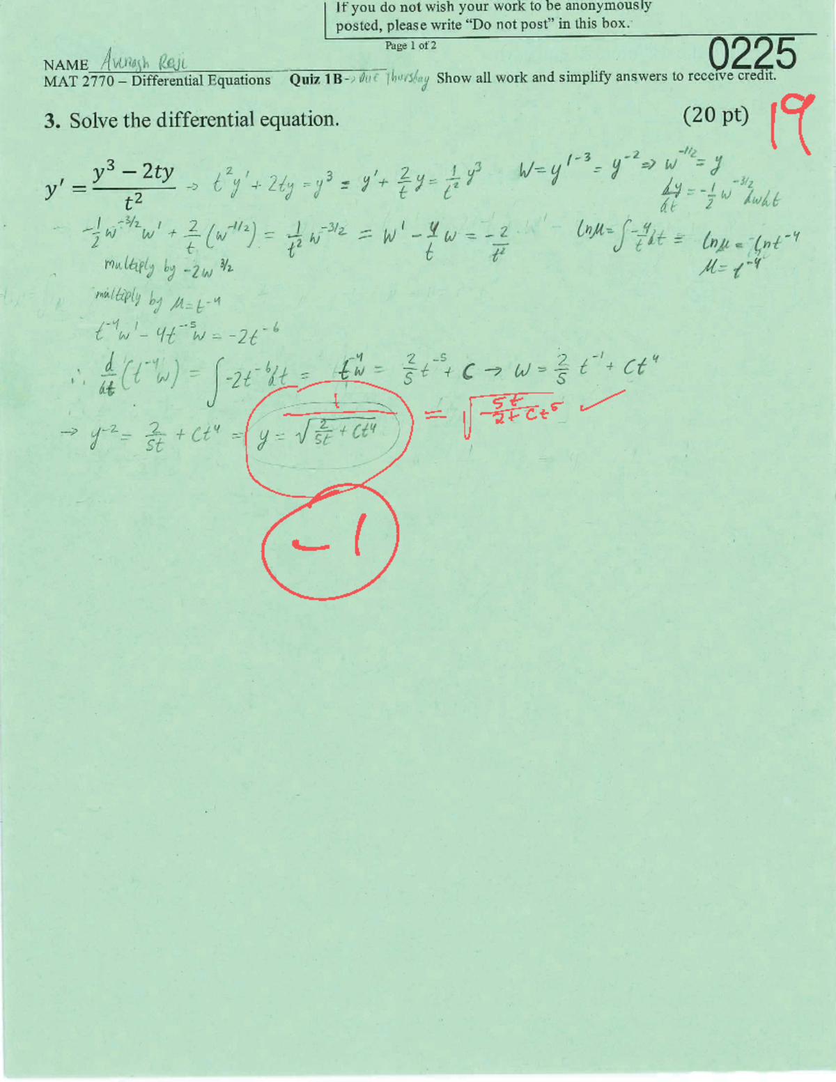 MAT 2770 Differential Equations Quiz 1B Solutions and Work - Studocu
