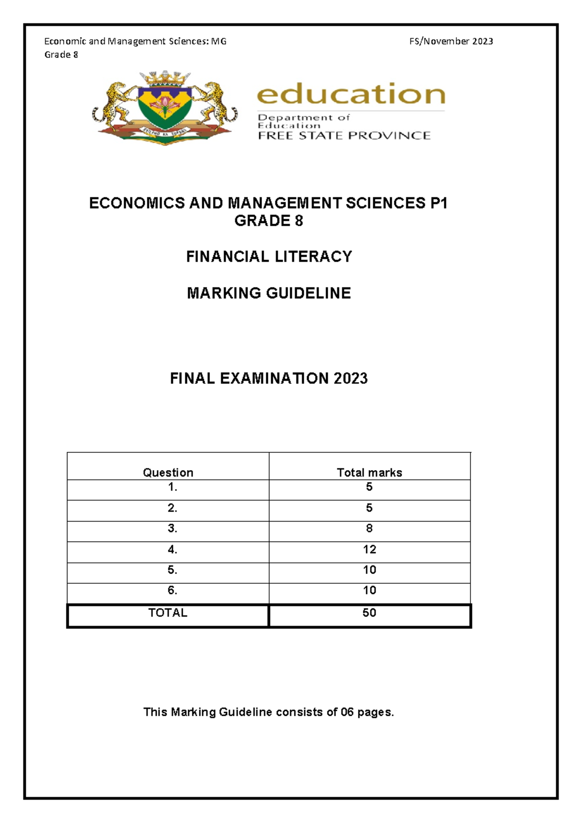3. EMS grade 8 Nov 2023 P1 MG Final - Grade 8 ECONOMICS AND MANAGEMENT ...