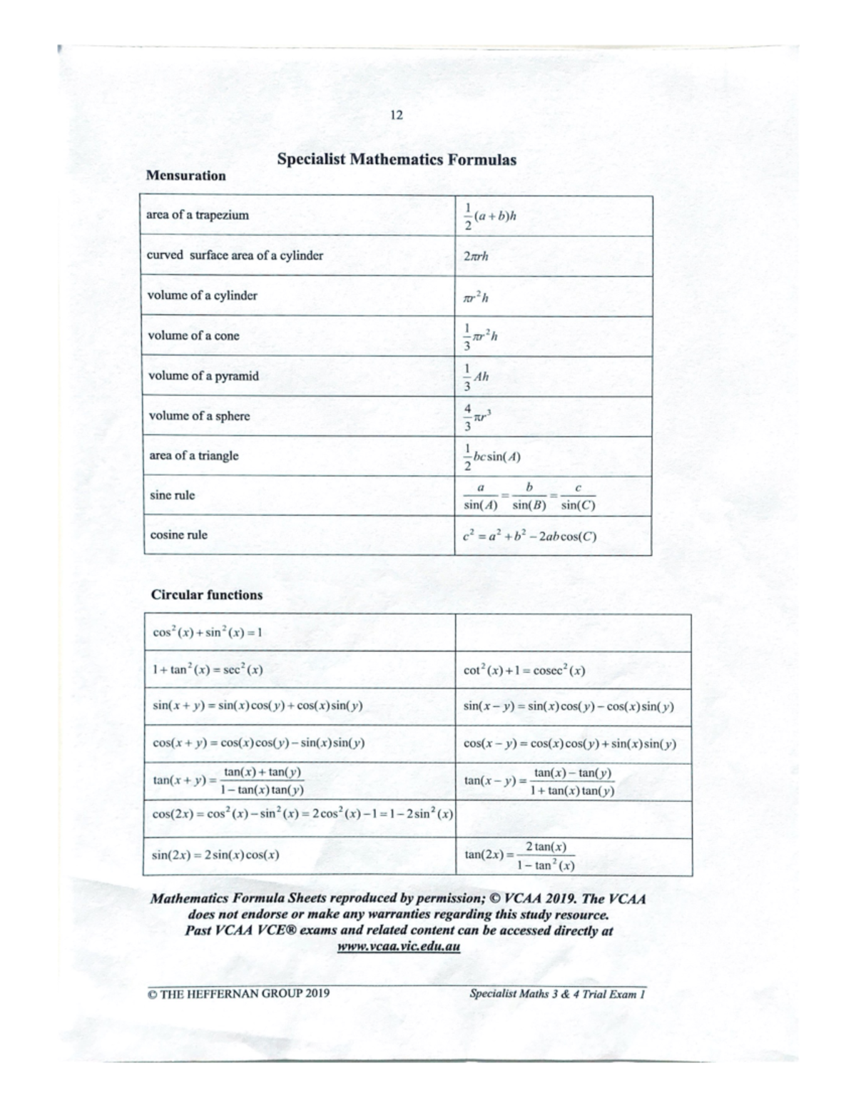 Specialist Mathematics Formulas - MAST10005 - Studocu