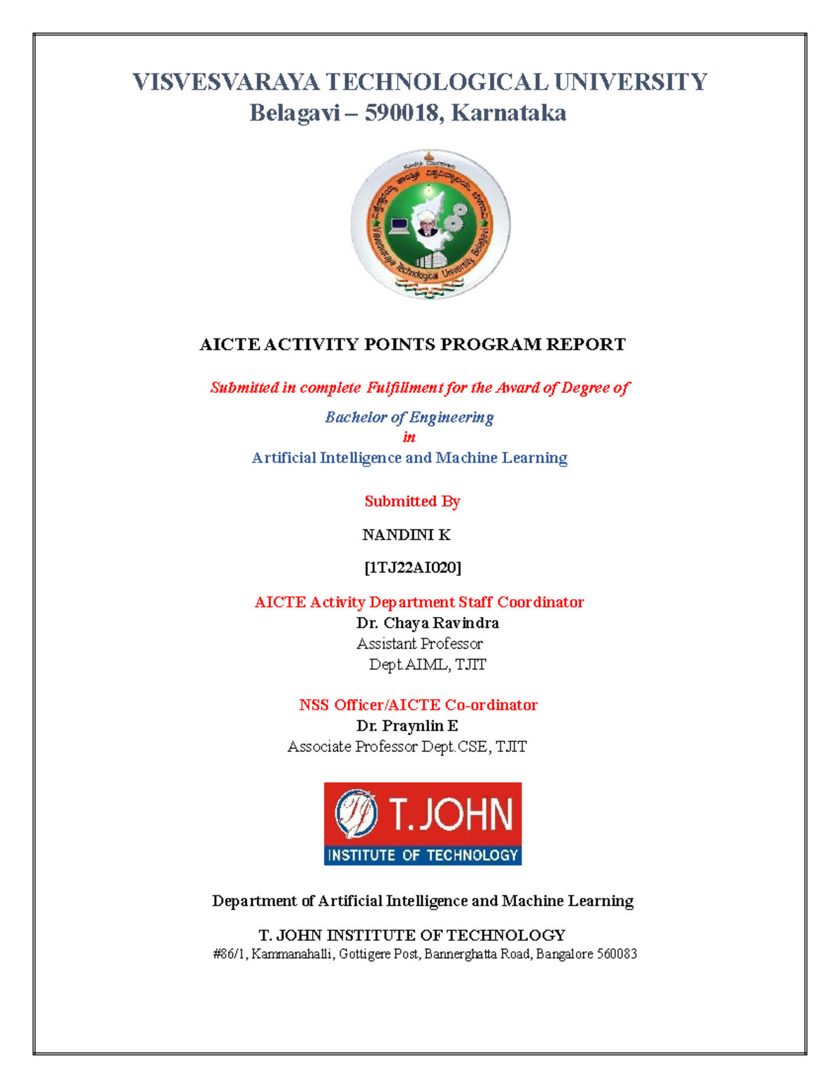 AICTE Activity Points Program Report: Nandini K's Project Summary - Studocu