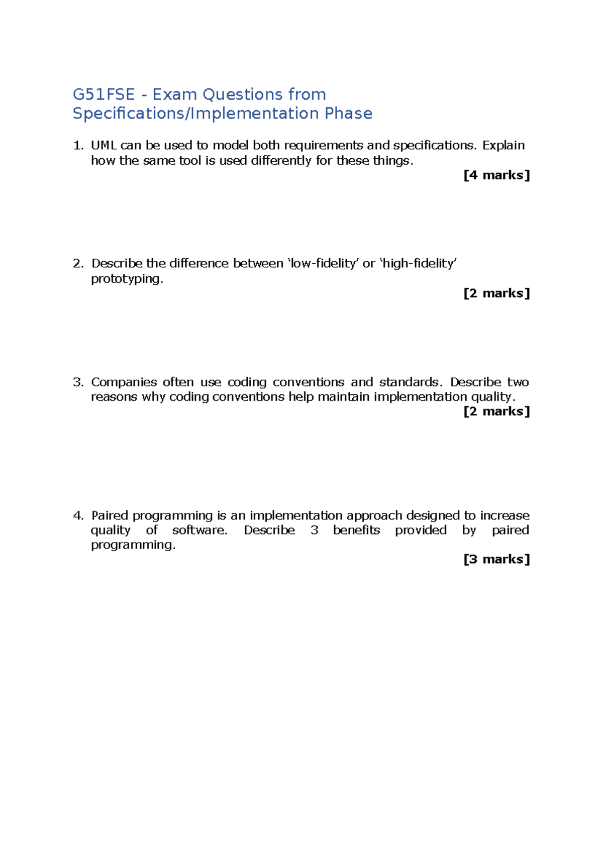 COMP1003-Exam Prep 2 - work for coursework - G51FSE - Exam Questions ...