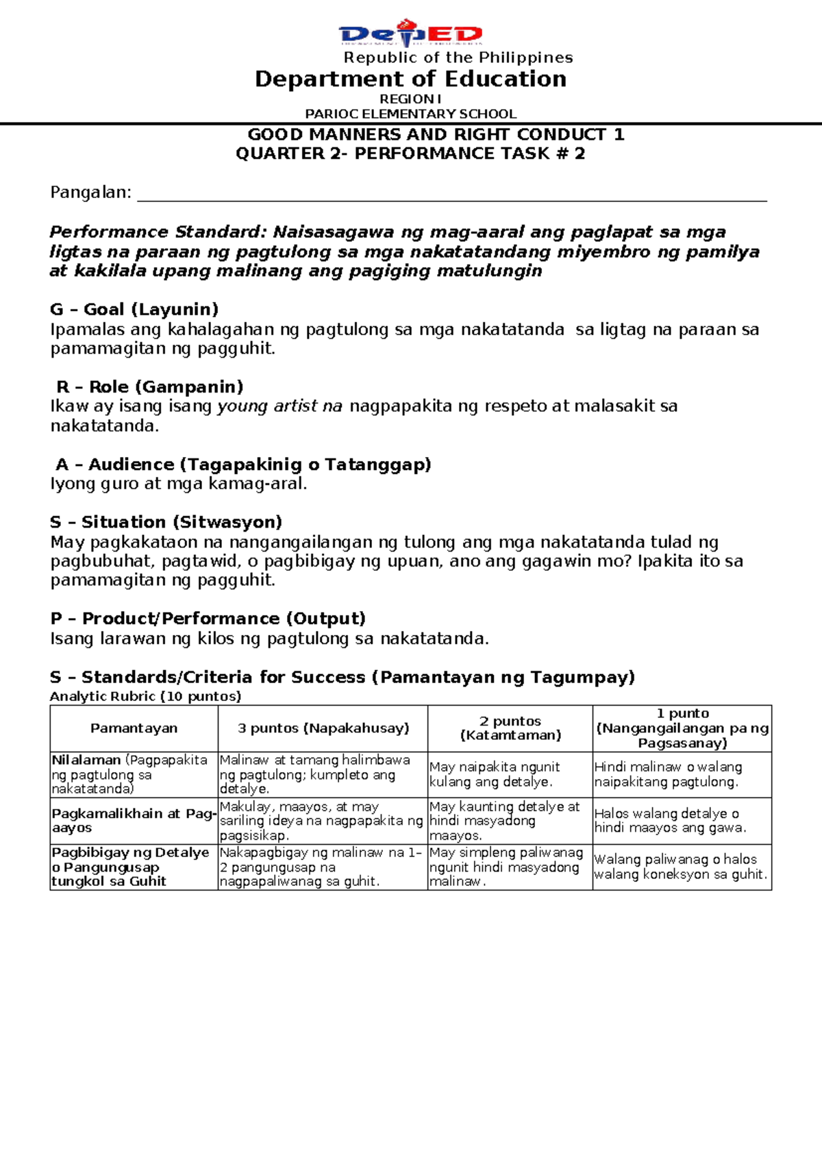 Q2 PER TASK 2 GMRC - GRASPS Performance Tasks Overview - Studocu
