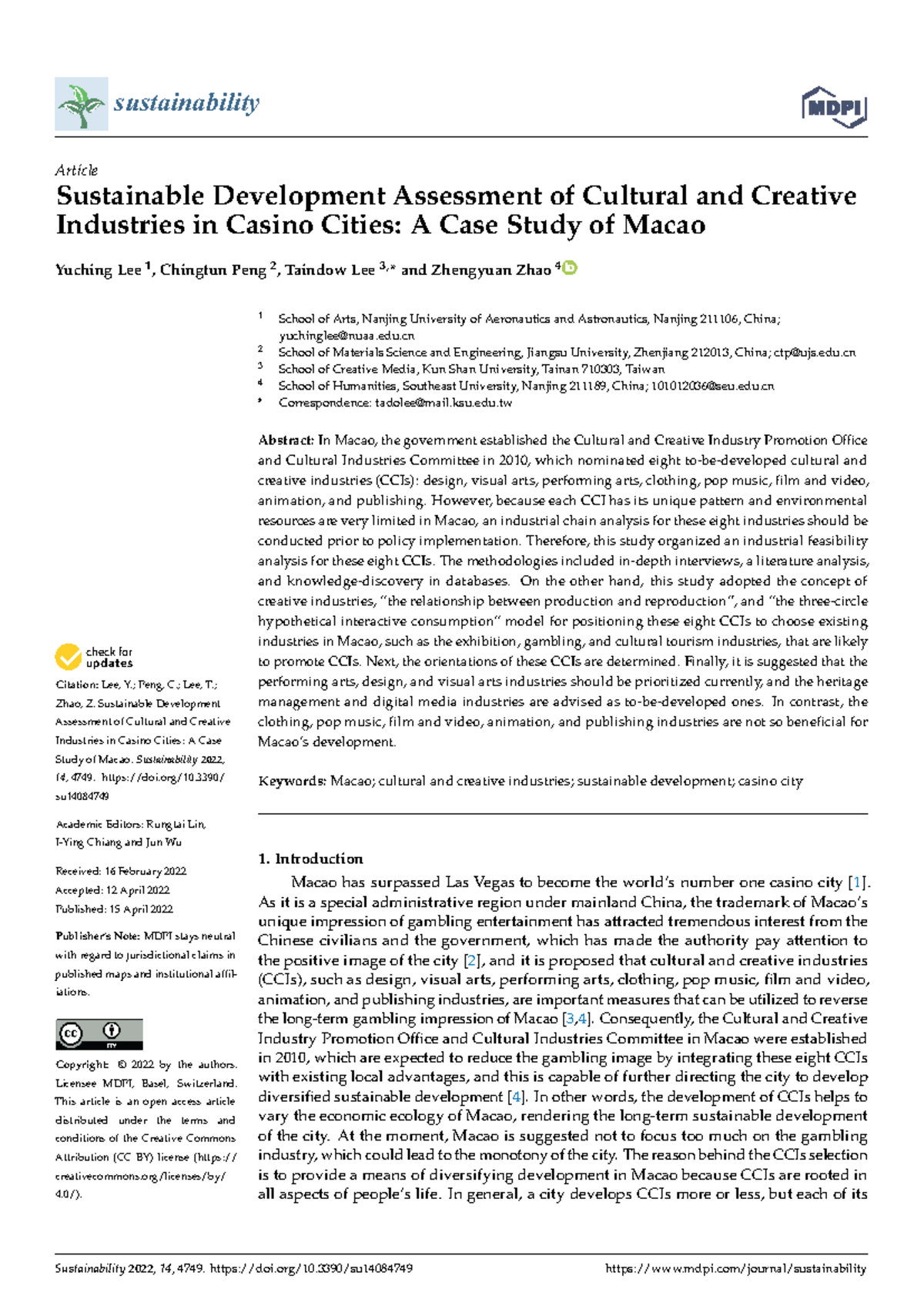 Sustainability Assessment of Cultural & Creative Industries in Macao ...