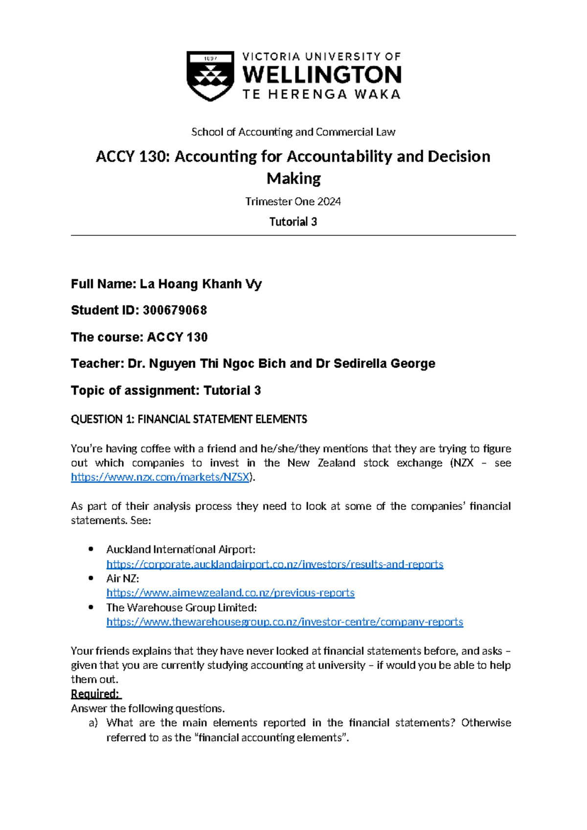 Tutorial 3 Questions - ACCY 130: Financial Statement Elements - Studocu