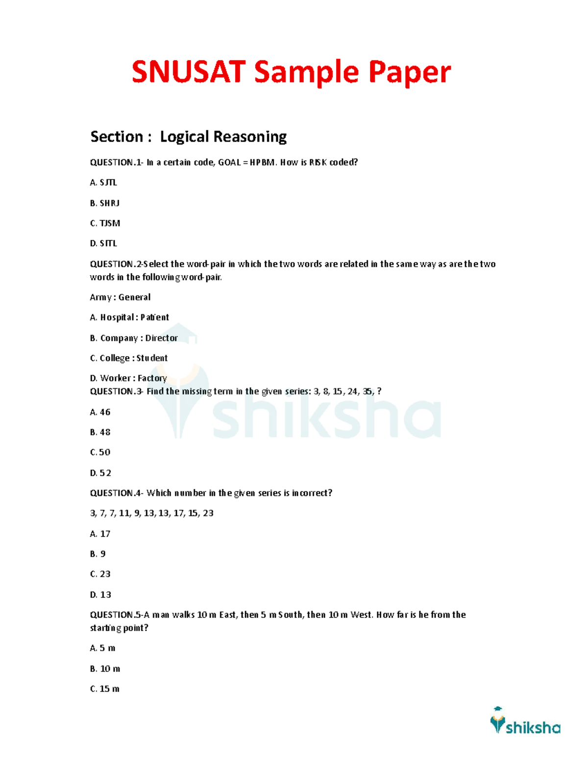 SNUSAT Sample Paper: Logical Reasoning & Quantitative Aptitude - Studocu