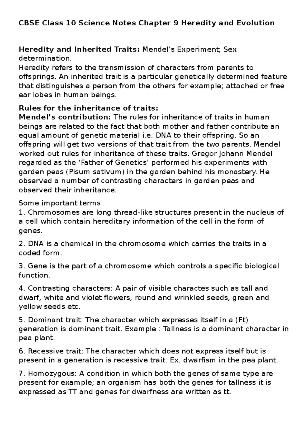 CBSE Class 10 Science Notes: Chapter 9 - Heredity & Evolution Insights ...