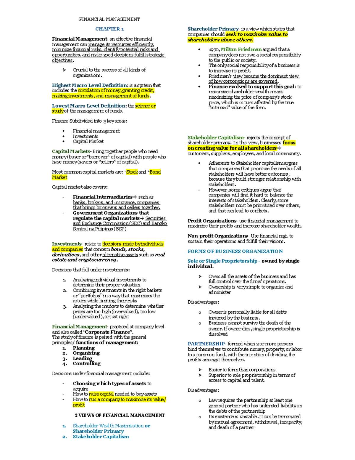FINANCIAL MANAGEMENT CHAPTER 1: Key Concepts and Principles - Studocu