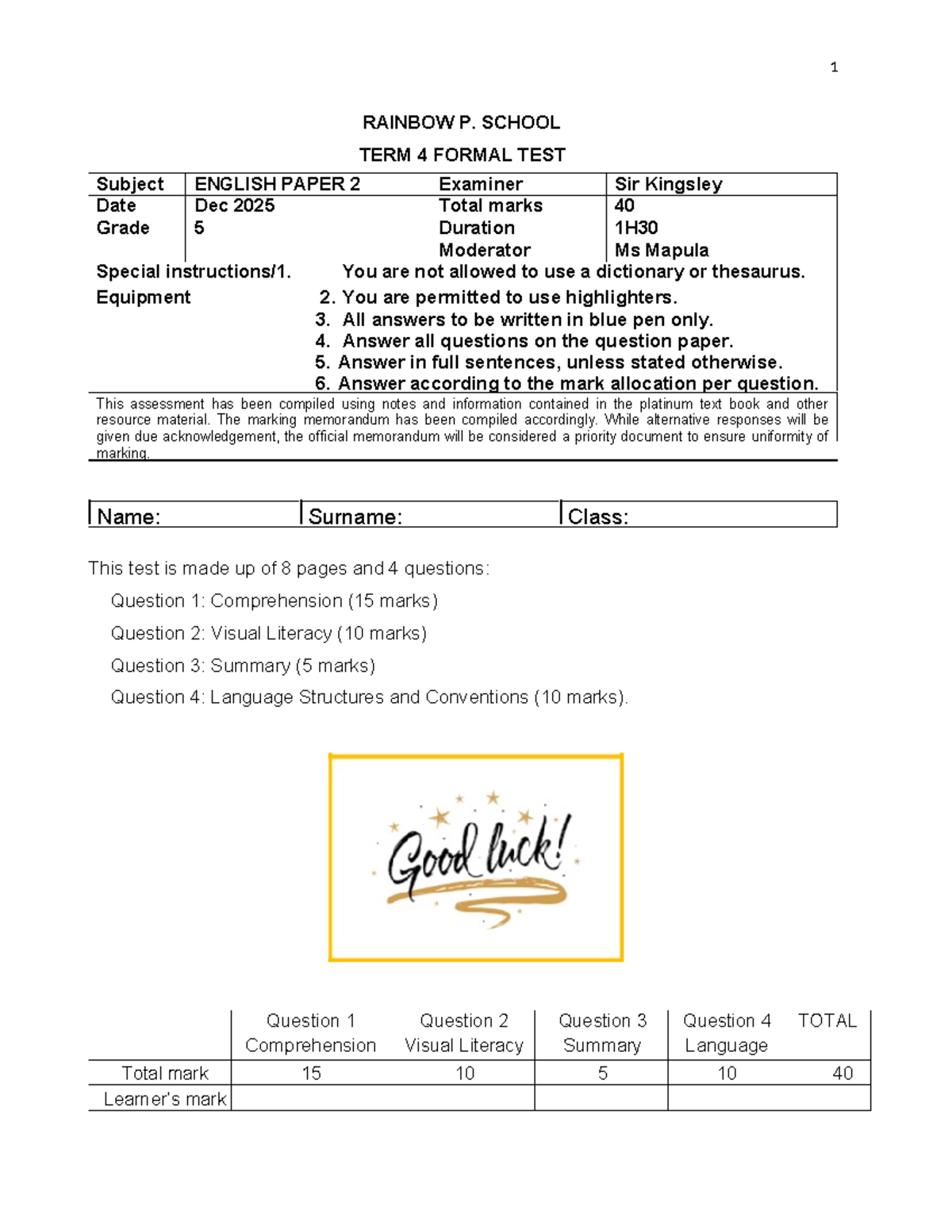 Grade 5 English Term 4 Formal Test Paper 2 - Dec 2025 - Studocu
