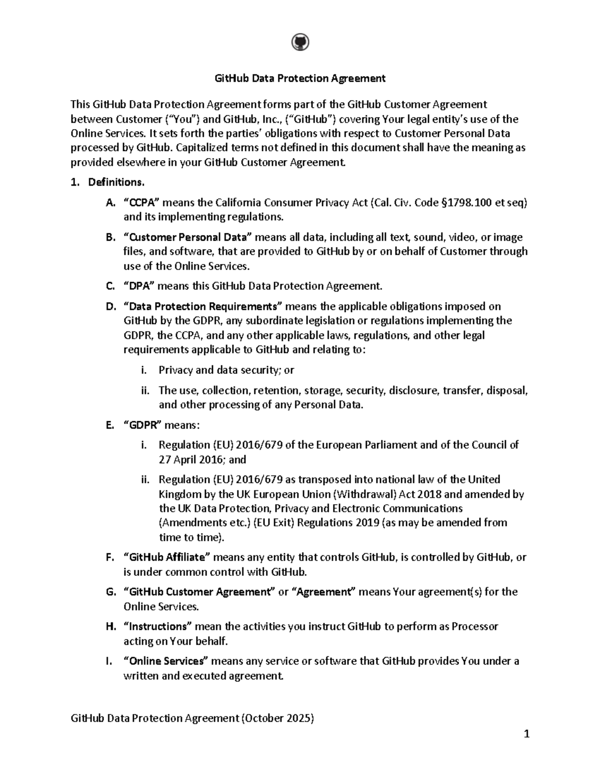 GitHub Data Protection Agreement - TPL-202510 Overview and Details ...
