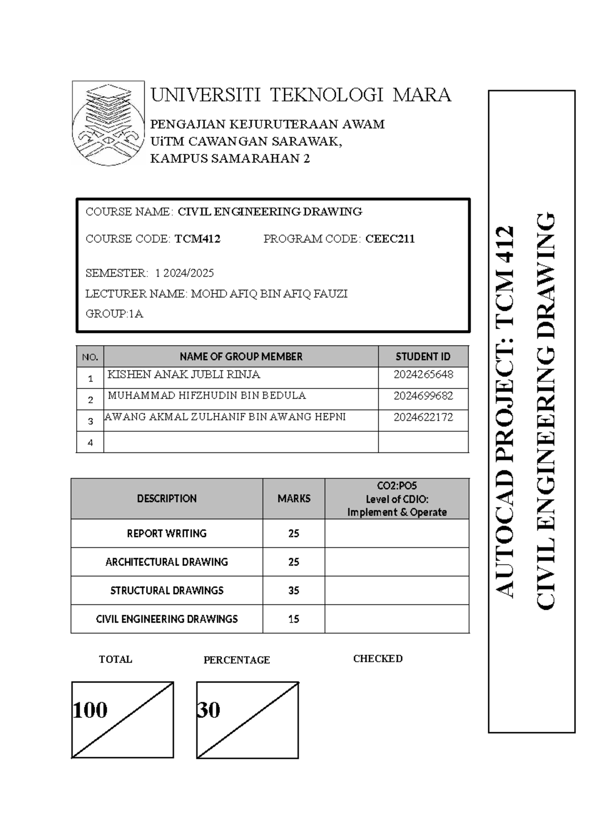 TCM412 Civil Engineering Drawing Project Report: House Design Overview ...