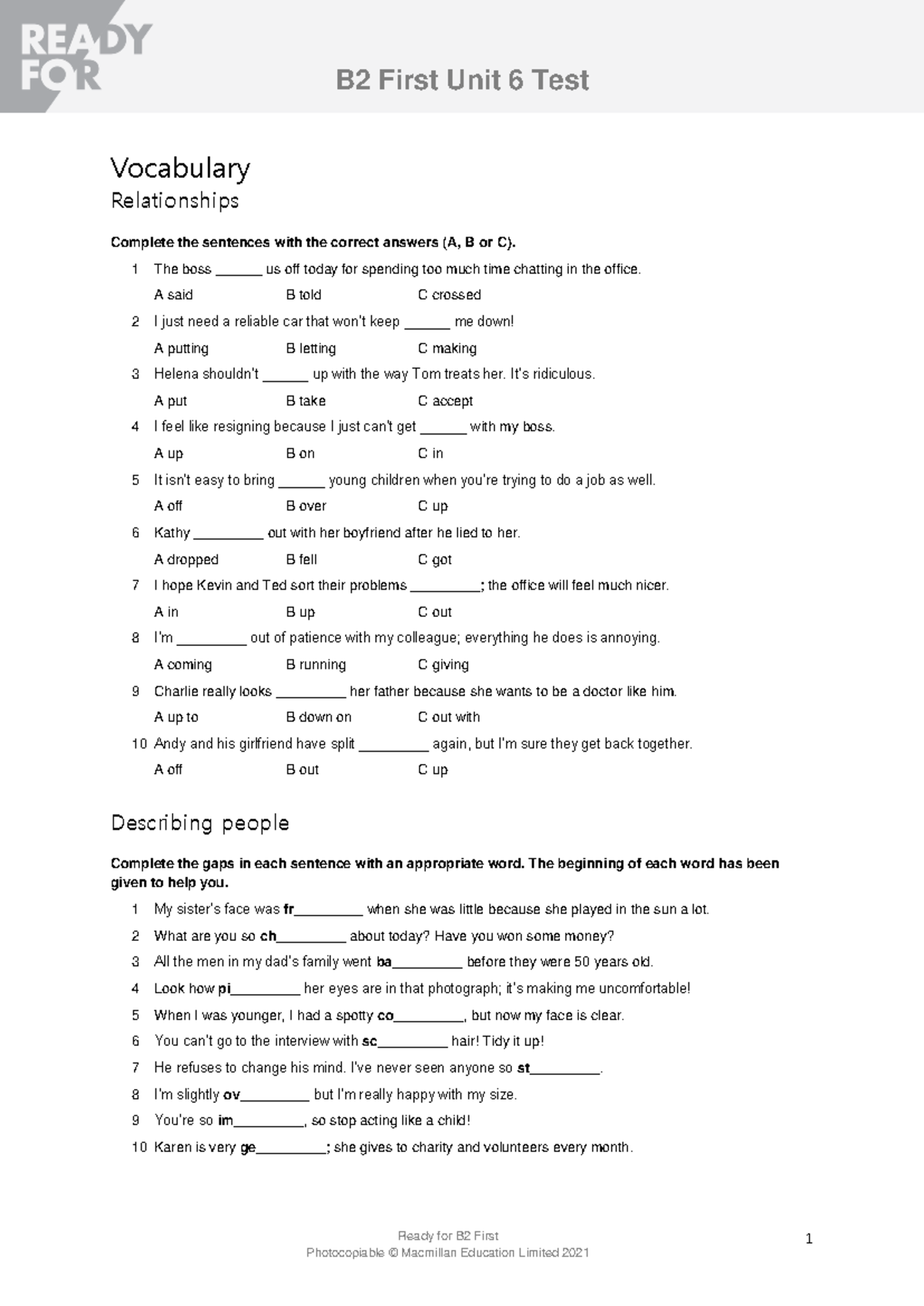 Rf B2 First: Unit 6 Vocabulary and Language Test Preparation - Studocu