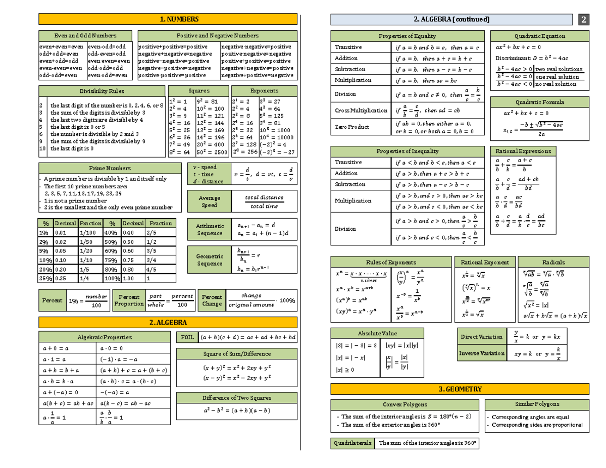 SAT Math Formula 3 - Even, Odd, Prime Numbers & Algebra Concepts - Studocu