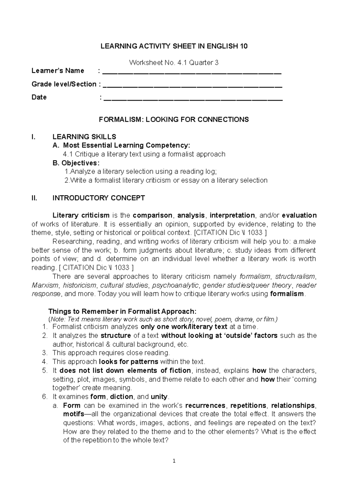 English 10 Self-Learning Module: Quarter 3 - Formalist Criticism & Vanka -  Studocu
