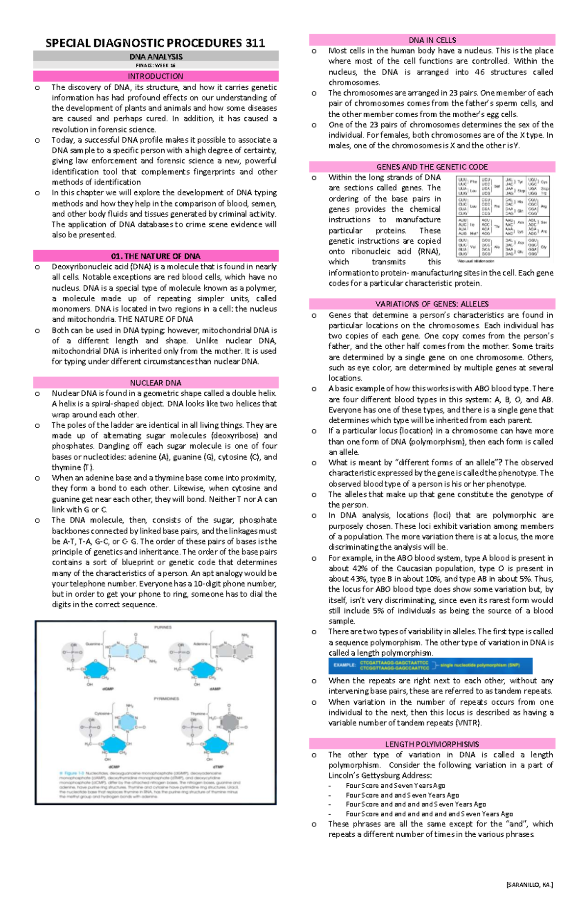 SPDX 311 - Final Exam Study Notes: DNA Analysis Overview - Studocu