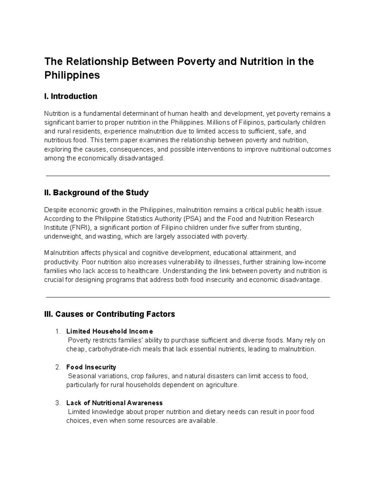 Poverty and Nutrition in the Philippines: A Term Paper Analysis - Studocu
