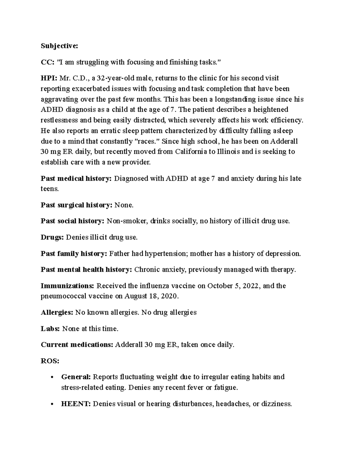 Soapnoteadhd - Soap note assignment NP - Subjective: CC: 