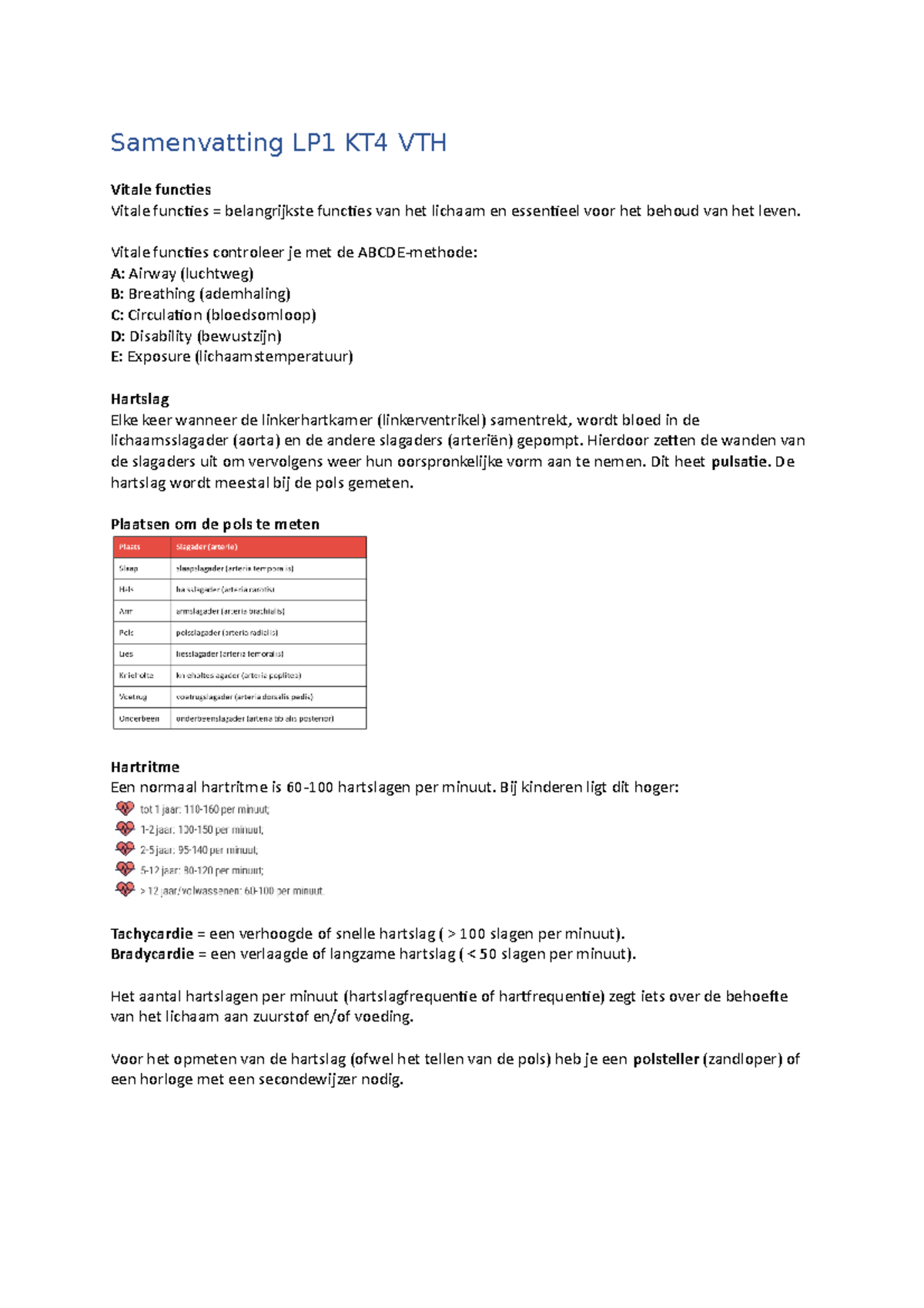 Samenvatting VTH: Vitale Functies en Basislevensondersteuning (LP1 KT4 ...