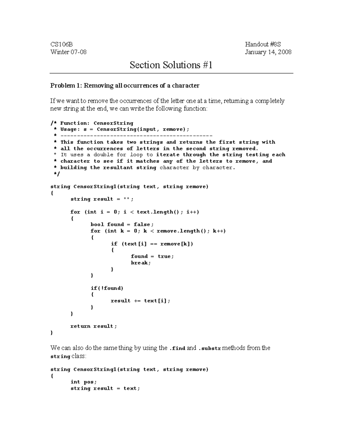 CS106B Winter 2008 Handout: Section Solutions & Censoring Strings - Studocu