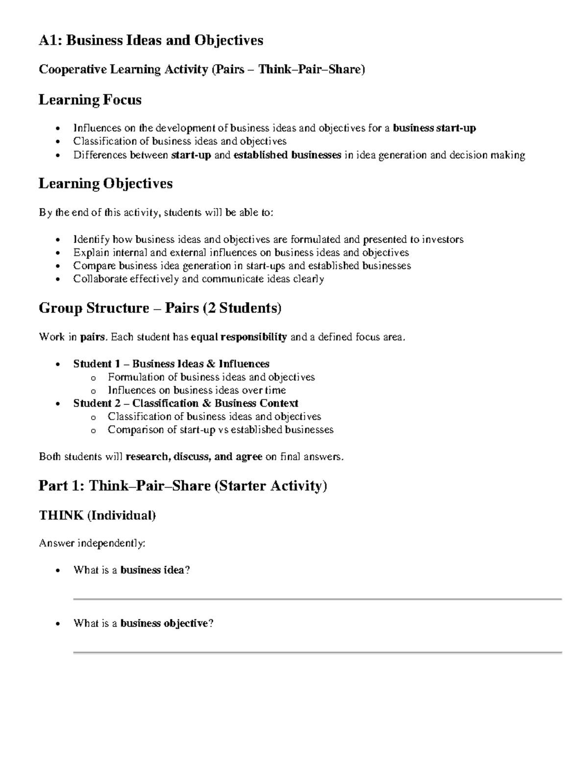 A1: Business Ideas & Objectives - BTEC Cooperative Learning Worksheet ...