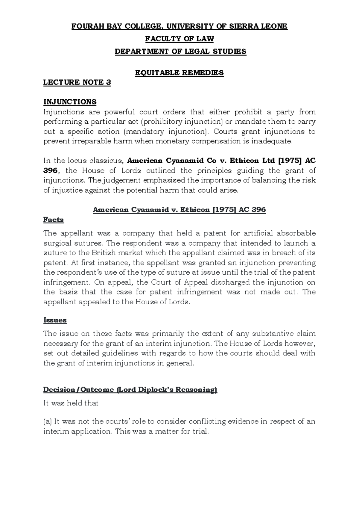 Equity L3: Lecture Note 3 on Injunctions and Equitable Remedies - Studocu