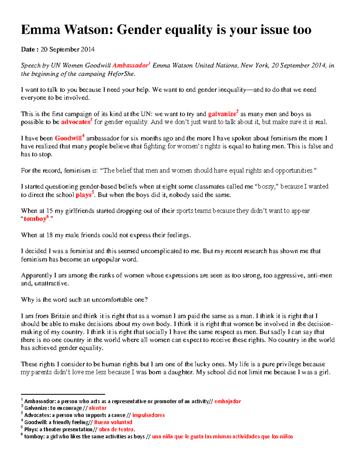 Emma Watson's Speech on Gender Equality - HeforShe Campaign Notes - Studocu