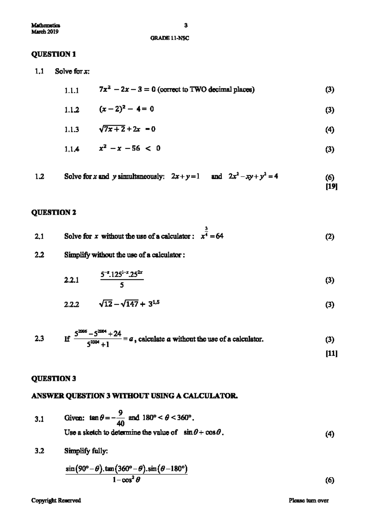 Exercise Math test - Mathematics 3 March 2019 GRADE QUESTION 1 1 Solve ...